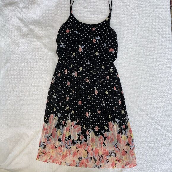 Unbranded Dresses & Skirts - Whimsigoth Floral Pleated Dress Black Polka Dot Midi Romantic Adjustable Straps